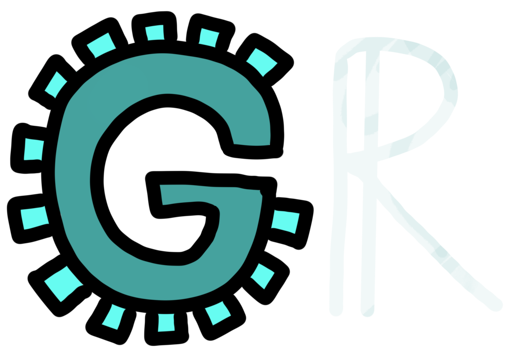 Site Logo with a gear in the shape of a G and an all-real-numbers symbol, representing GR